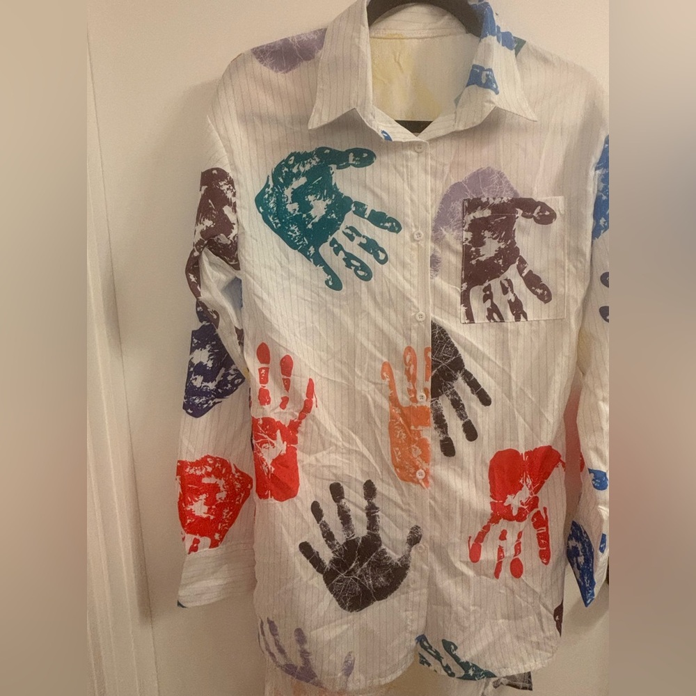 Colorful Handprint Button-Up Shirt